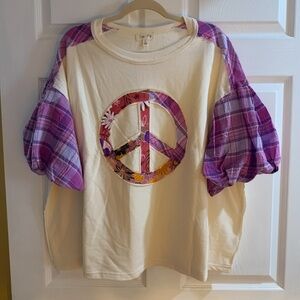 Floral Peace Sign Tee with Purple Plaid Sleeves
